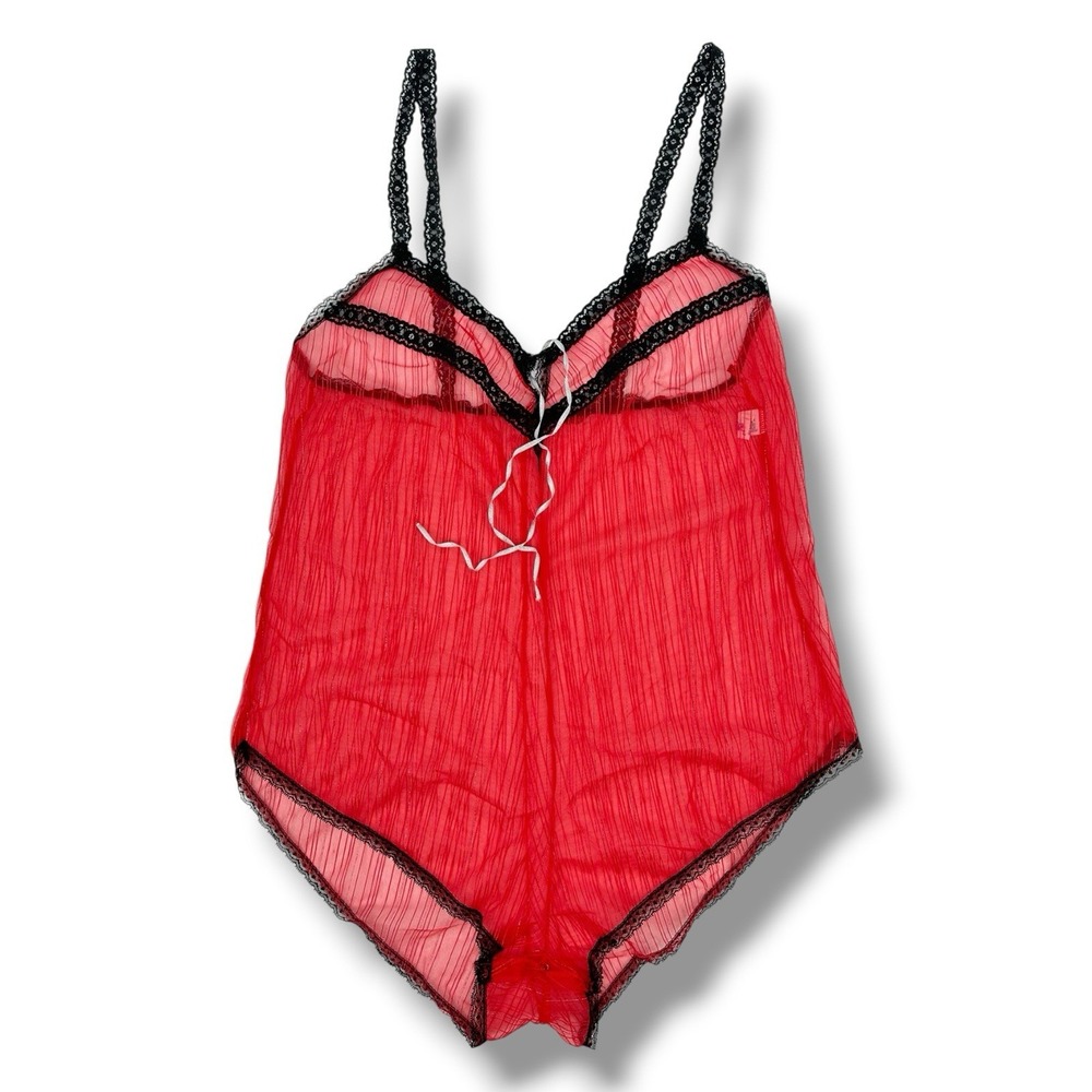 VTG 90s Sheer Teddy Red Lingerie Bodysuit L Lace Babydoll Coquette Delicate Y2K
